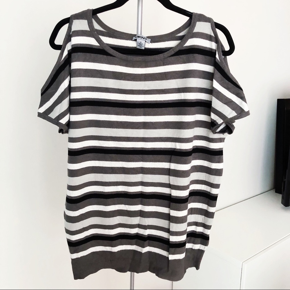 DKNY Grey White Striped Cut Out Short Sleeve Top